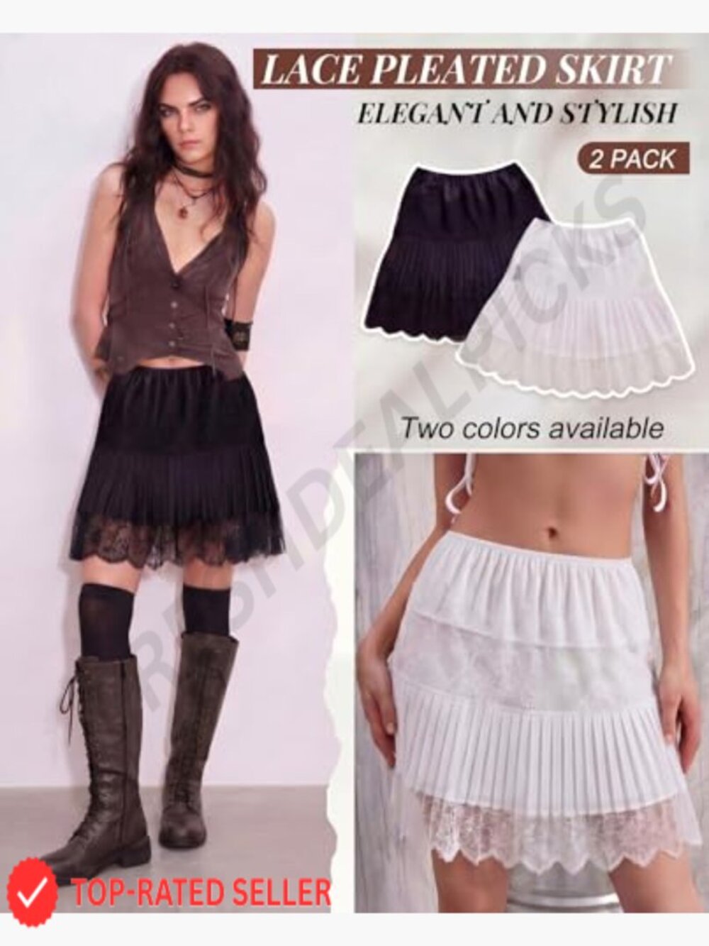 Women Y2K Lace Mini Skirts 2 Pack Flowy Ruffle Layered Pleated Slip Low Rise - Picture 2 of 7